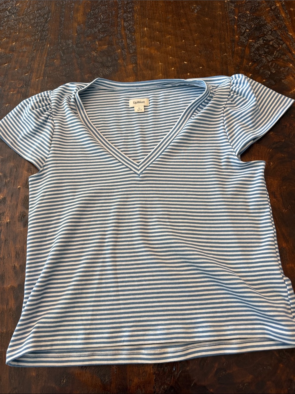 UpWest Light Blue & White Striped V-Neck Short Sleeve Tee